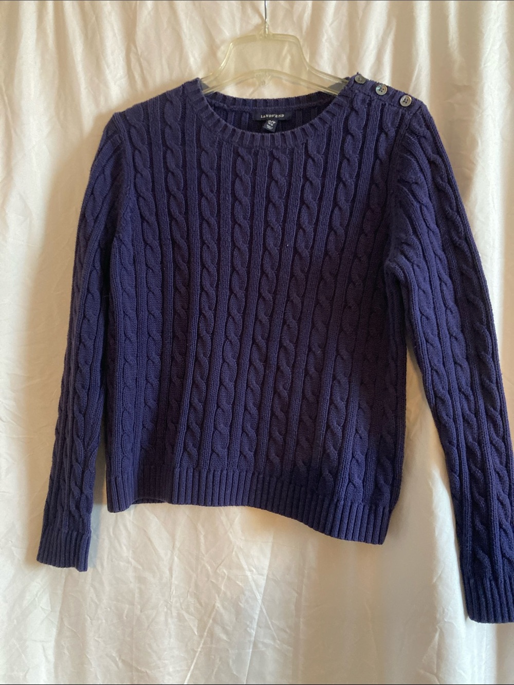 Lands' End Navy Cable-Knit Crewneck Sweater with Shoulder Buttons sz MP